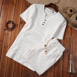 Men's Tracksuits Cotton Linen Chinese Style Men White Shirt Shorts Set Pullover Button Short Sleeve Shirts Plus 5XL 2022 Summ261y