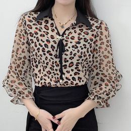 Women's T Shirts Clothing Casual Summer Thin Printing Loose Simplicity Turn-down Collar Floral Elegant Leopard Fashion Lacing T-Shirts