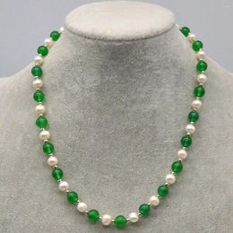 Chains Natural 7-8mm White Akoya Pearl & Green Jade Round Gems Beads Necklace 16-22''