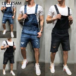 Mens Ripped Denim Short Overalls New Modish Stretch Suspender Pants Hip Hop Black Blue Jeans With Holes Plus Size 3XL222p