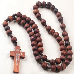 Pendant Necklaces Men Women Christ Wooden Beads 8mm Rosary Bead Cross Woven Rope Chain Necklace Jewellery Accessories Long