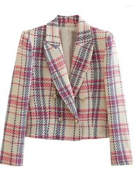 Women's Suits Plaid Tweed Blazer Women Textured Cropped Double Breasted Long Sleeve Female Jacket 2023 Spring Chic Leisure Button Coat