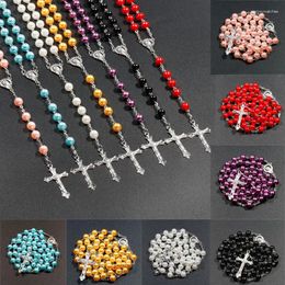 Pendant Necklaces 2pcs/set 70cm Faux Pearl Rosary Necklace Virgin Mary Jesus Cross Long Beads Chains Women Men Fashion Party Jewellery