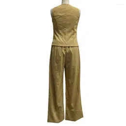 Women's Two Piece Pants Solid Color Suit Set Stylish Cotton Linen Sleeveless Vest Wide Leg For Office Or Casual Fashion Women