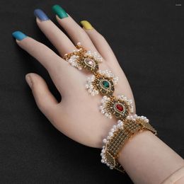 Bangle Vintage Colourful Rhinestone Bracelet With Finger Ring Gold Plated Water Drop Link Wrist Luxury Chain Women Wedding Jewellery