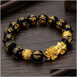 Beaded Feng Shui Obsidian Stone Beads Bracelet Men Women Uni Wristband Gold Black Pixiu Wealth And Good Luck Jewellery Bracelets Dhf9H