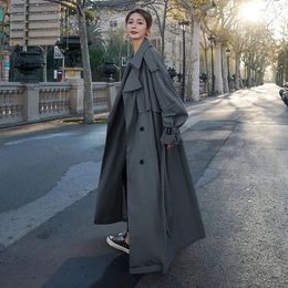 Women's Trench Coats Korean Women's Trench Coat Loose Oversized Long Jacket Double-Breasted Belted Lady Cloak Grey Windbreaker Spring Fall Outer 231020
