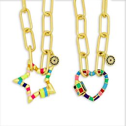 Pave Screw Clasp Necklaces For Women Boho Jewerly Star Heart Carabiner Pendant Necklace Geometric Link Chain Collar Arcoiris2433