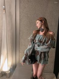 Women's Blouses Retro Tie Dye Flare Long Sleeve Shirts Clothing Summer Ruffle Edge Women Blouse Off Shoulder Slash Neck Shirt Loose Top