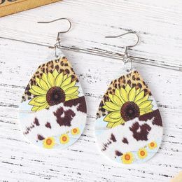 Hoop Earrings Western Cowboy Leopard Print Cow Stitching Sunflower Double PU Leather Water Drop