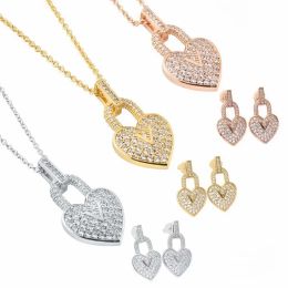 Europe America Fashion Jewelry Sets Lady Women Titanium Steel Engraved V Initials Settings Full Diamond Heart Lock Charm Necklace Earrings 3 Color