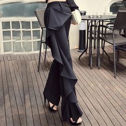 Women's Pants Personalized Ruffled Black Trousers Was Thin High Waist Bag Hip Wide Leg Flared Harajuku Pantalon Femme