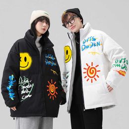 White duck down jacket for men's 2023 winter new thickened standing neck short youth couple graffiti women