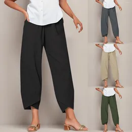 Active Pants Women Harem Vintage Cotton Linen Elastic Waist Wide Leg Trousers Female Casual Solid Pockets Loose Cropped S-4XL