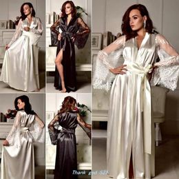 Lace Women Dress Sexy V Neck Satin Robe Bandage Sleepwear Nightgown Silk Babydoll Smooth Sleep Maxi287h