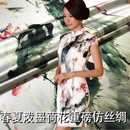 Clothing Fabric 150cm Elegant Stretch Printed High Imitation Silk Cheongsam Lotus Print Dress Chinese Wholesale Cloth