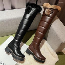 Boots Waterproof Cold Winter Russia Female Warm Shoes Platform Chunky Heels Plush Over-the-knee Snow With Real Fur Pom