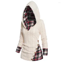 Women's Sweaters Twisted Cable Knit Plaid Print Hooded Sweater Mock Button Ruched Shawl Neck