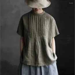 Women's Blouses Johnature Japanese Linen Pleated Women Shirts 2023 Summer Vintage Slits Button All Match Solid Colour Short Sleeve