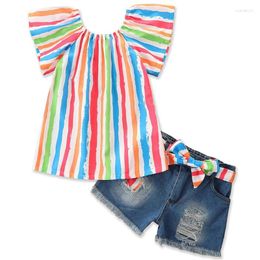 Clothing Sets 2Piece Set Summer Children Clothes Girls Fashion Stripe Short Sleeve Cotton Tops Hole Denim Shorts Baby Luxury BC2470