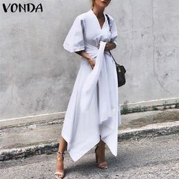 VONDA Summer Dress Vintage Long Maxi Dres Short Sleeve Sexy V Neck Asymmetrical High Waist Party Vestidos Plus Size Y200101258x
