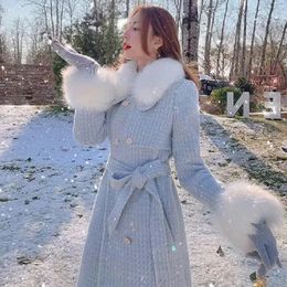 Women's Wool Blends High-Grade Mink Woolen Jacket Winter Style Fur Collar Mid-Length Coat Thickened Warm Waist Fashion Woolen Coats Female 231019