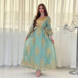 Ethnic Clothing Floral Embroidery Sequin Dress With Belt Muslim V-neck Applique Abaya Party Gown Women Flower Bud Sleeves Turkey Vestidos