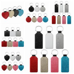 Sublimation Key Chain Blank Pu Leather Keychain Hot Transfer Key Ring DIY Round Square Heart Shape Single-Sided White Keyring Pendants