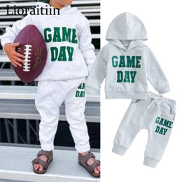 Clothing Sets -09-14 Lioraitiin 0-6Years Kids Girls Boys 2Pcs Game Day Outfits Letter Pattern Hooded Long Sleeve Hoodies Tops Long Pants 231020