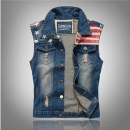 Men Jean Vests Classic Vintage leeveless Casual Fashion Flag Denim Blue Jeans Coats Clothing for Male Autumn Summer Tops Slim Wais234Y