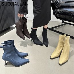 Boots SUOJIALUN Winter Women Ankle Boots Fashion Pointed Toe Stretch Cloth Slip On Chelsea Boot Thin High Heel Dress Pumps Sh 231019