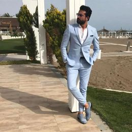 Men's Suits Latest Sky Blue Men Prom Slim Fit Notched Lapel Bridegroom Beach Wedding Tuxedos Formal Blazer Sets 2 Piece (Jacket Pants)
