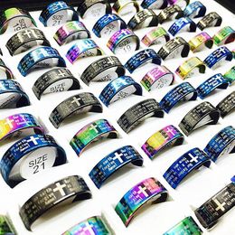 Whole 100pcs Lord's Prayer in English cross Stainless Steel Rings Men Women Fashion God the serenity prayer Ring mix colo308I