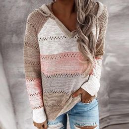 Women's Blouses Drawstring Women Top Colorblock Striped Patchwork Hoodie Cosy Knitted Pullover For Fall Winter Wardrobe