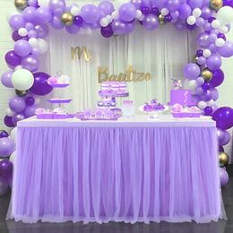 Table Skirt 4FT/6FT/9FT Purple Tulle Table Skirt Wedding Party Tutu Tableware Cloth Baby Shower Gender Reveal Birthday Party Home Decoration 231019