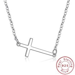 Dainty Real 925 Sterling Silver Horizontal Sideways Cross Necklace Simple Crucifix Neckless Celebrity Inspired Jewellery SN011 Choke274m