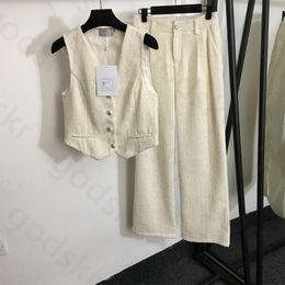 Sequin Waistcoat Wide Leg Pants Women Luxury Loose Button Vest Jacket High Waisted Pants OL 2 Piece Set