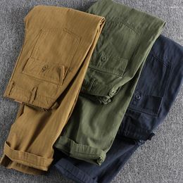 Men's Pants Men's Spring Autumn American Retro Fishbone Woven Cargo Men's Simple Pure Cotton Washed Old Straight Casual Tapered