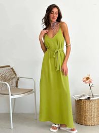 Women's Sleepwear Hiloc Green Night Dress Women Nightgowns 2023 Spaghetti Strap Backless Peignoir Pink Slit Woman Dresses With Belt