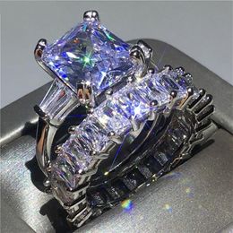 Size 5-10 Sparkling Couple Rings Luxury Jewelry 100% Real 925 Sterling Silver Princess Cut White Topaz Promise Women Wedding Brida2343