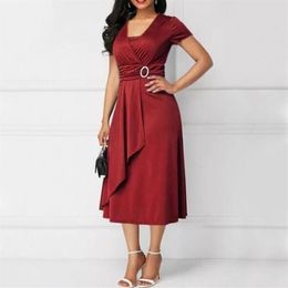 Casual Dresses Ladies Dress Plus Size Asymmetric Hem High Waist Women V Neck Short Sleeve Tight Large Swing Midi Evening Party305t