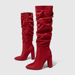 Winter Fashion Pointed Thick Heel Zipper Sewing Knee-high Boots Women's Flock Pleated Chelsea Party Club 230922