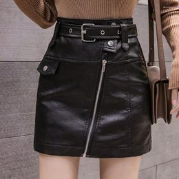 Skirts Plus Size S-3XL Women PU Leather Skirt Spring Summer Autumn Fashion Sexy Zipper Mini Short Slim Pencil Street Wear With Belt