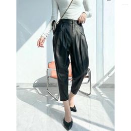 Women's Pants Women Genuine Leather Trousers 2023 Female Niche High Quality Folded Craft Buttons Loose Cropped Streetwear Ropa De Mujer