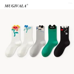 Women Socks 5 Pairs/lot Spring Summer Women's Cartoon Medium Tube Cute Sweet Girl Ins Black Green Funny