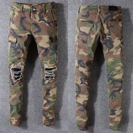 Mens Jeans classic hip hop denim camouflage Jean hole Distressed Ripped Biker pant Slim Fit Motorcycle rock trousers301O