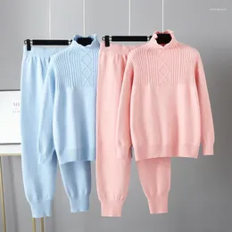 Women's Two Piece Pants 2023 Autumn Winter Pure Colour Cardigan Loose Crowded Long Sleeve Outwear Warm Female Half High Neck Textile Cute