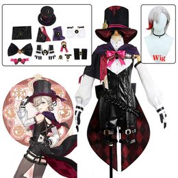 Genshin Impact Cosplay Costume Wig Fontaine Lyney Leather Uniform Hat Dress Short Hair Skirt Glove Outfit Tail Magiciancosplay