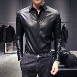 Western Leather Shirts Mens Black Urban Cowboy Sexy Antisocial Club Outfits Slim Fit Faux PU Leather Mens Korean Fashion Clothes 2313g