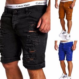 Jeans strappati neri interi da uomo 2017 Jeans corti da motociclista di marca Jeans estivi Casual Slim Fit Cotone lavato con acqua Uomo dritto Short223m